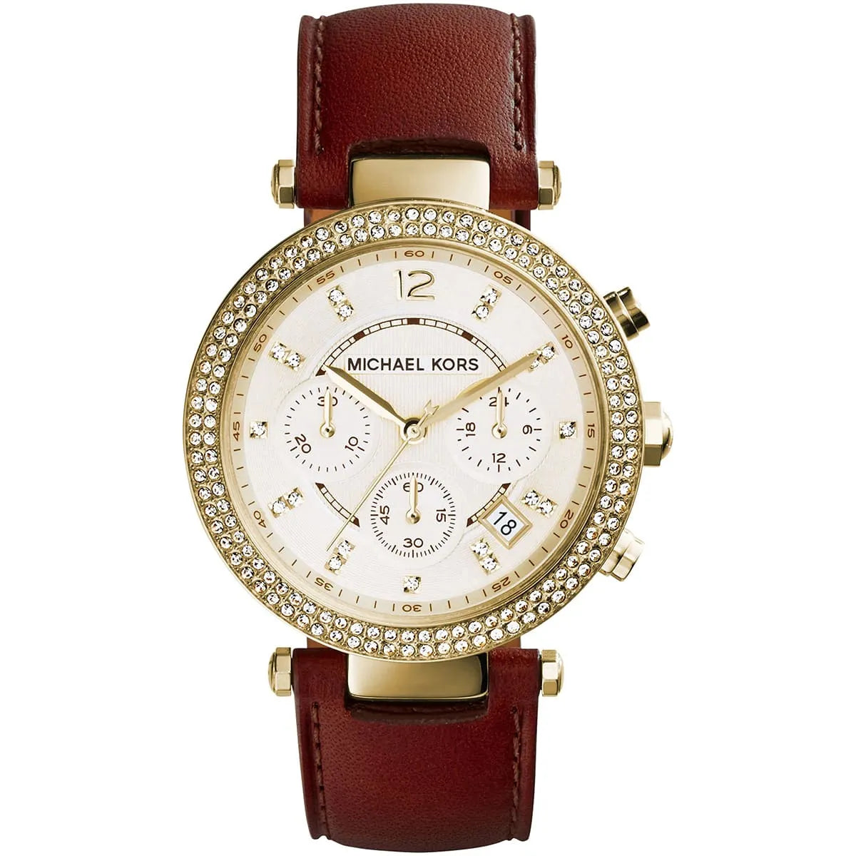 Michael Kors Parker women's watch with crystal-set bezel, gold dial and brown strap