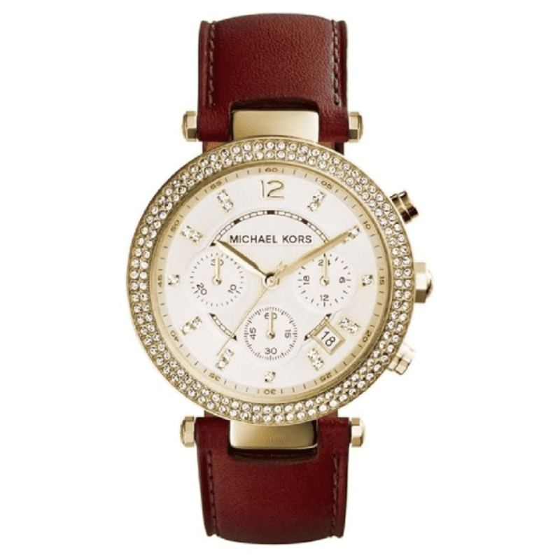 Michael Kors Parker gold chronograph watch with champagne dial and brown leather strap