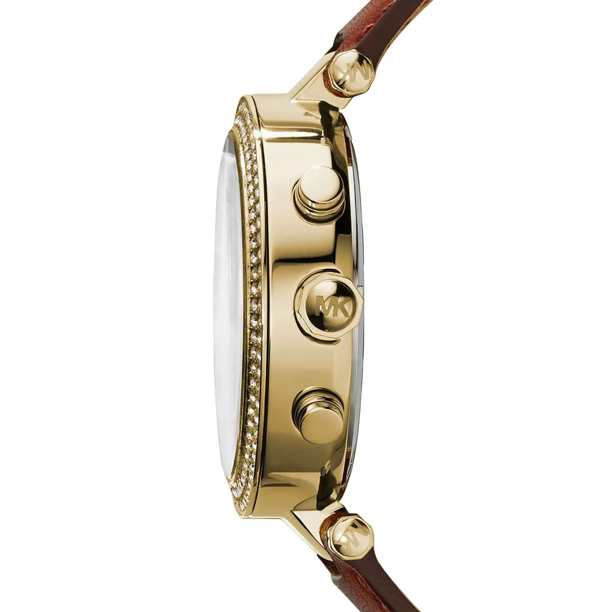 Michael Kors Parker watch side view showing case thickness and brown leather strap