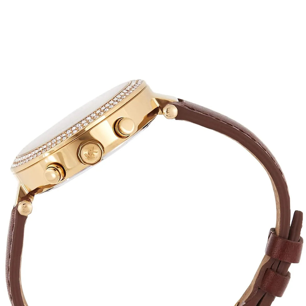 Michael Kors Parker watch side profile showing gold case with chronograph pushers