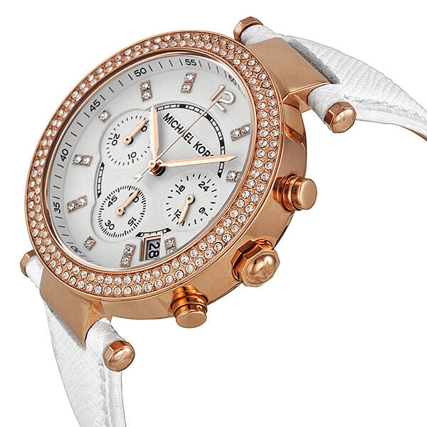 Michael Kors Parker Chronograph watch angled view showing rose gold case and white leather strap