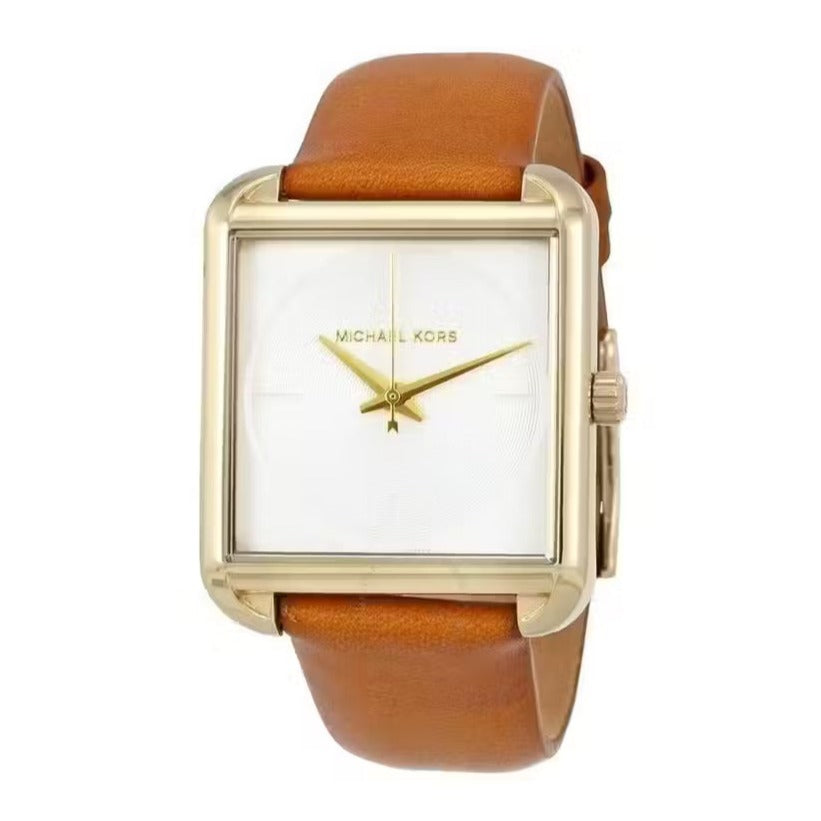 Michael Kors Lake MK2584 watch at angle showing white dial and brown leather band
