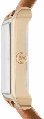 Side view of Michael Kors Lake MK2584 watch showing gold case profile and brown leather strap