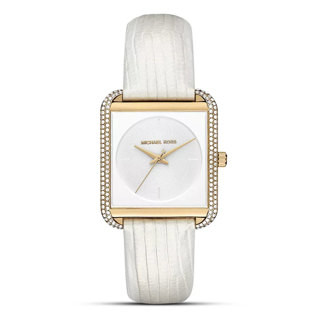 Michael Kors Lake Glitz white dial ladies watch with gold-tone crystal-set square case and white leather strap