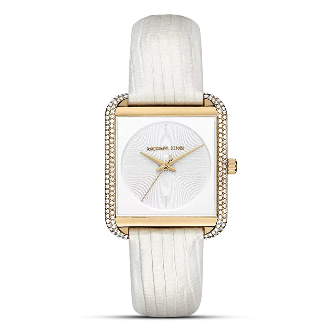 Michael Kors Lake Glitz white dial ladies watch with gold-tone crystal-set square case and white leather strap