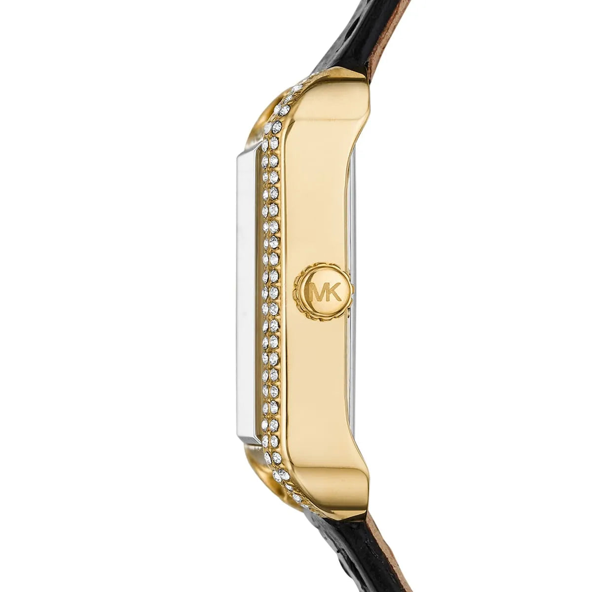 Side view of Michael Kors Lake MK2762 showing crystal-studded bezel and gold case with black leather strap