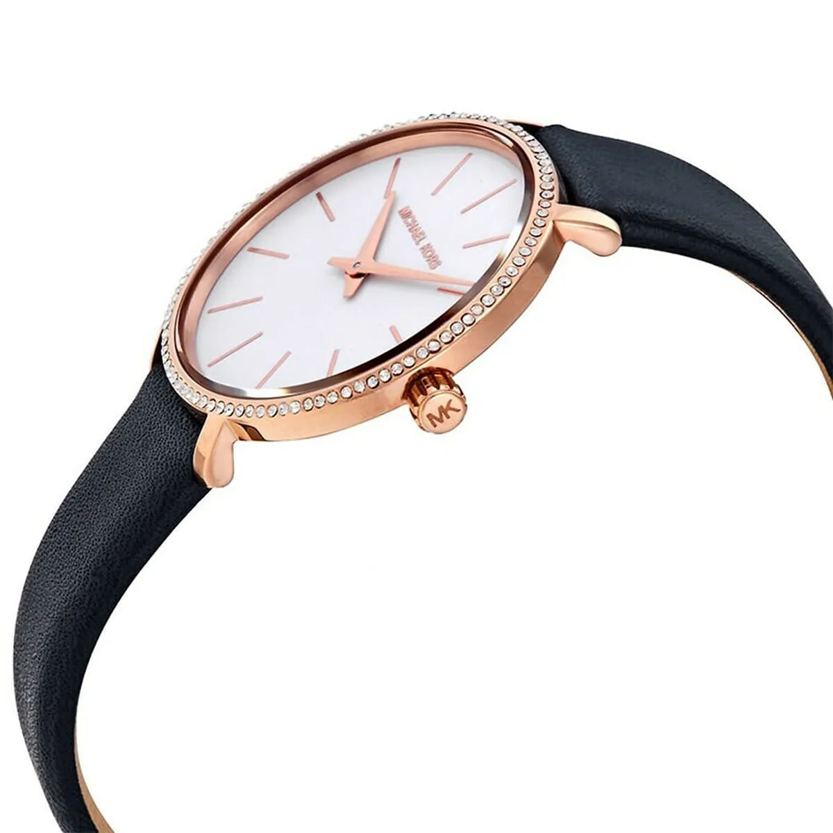 Three-quarter view of Michael Kors Pyper watch with white dial and black leather strap