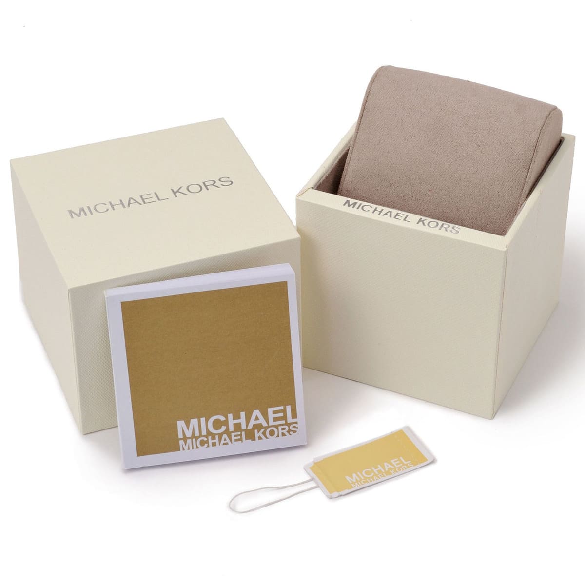 Michael Kors original packaging with cream box, fabric bag, and branded care tag