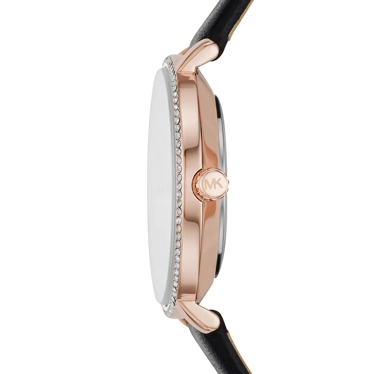 Side profile of Michael Kors Pyper watch displaying crystal-set bezel and rose gold case
