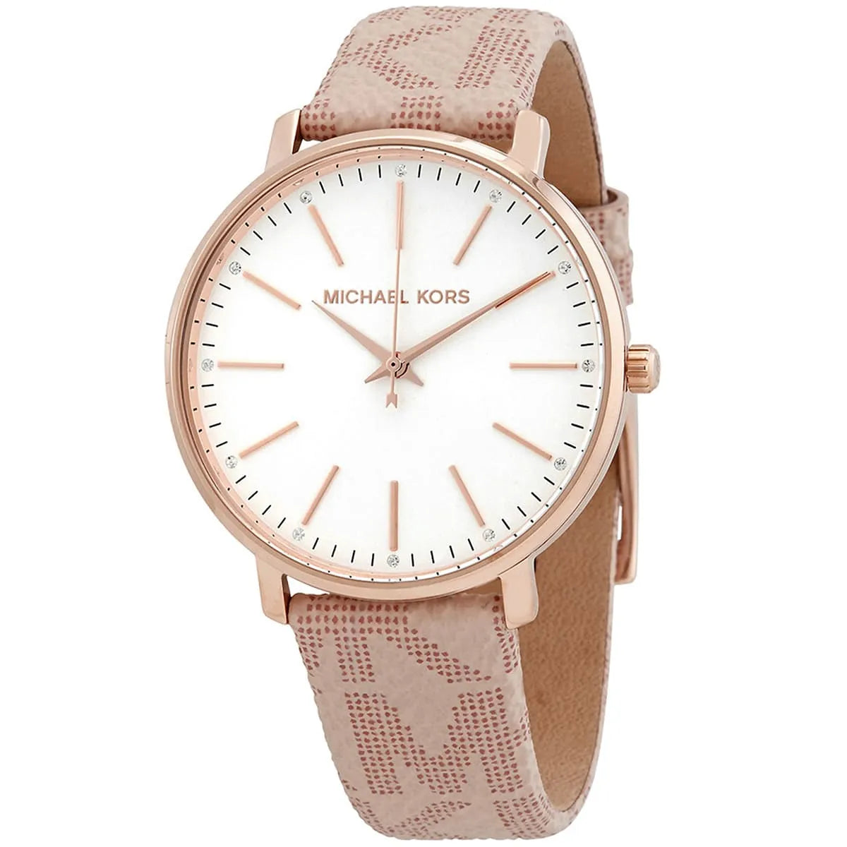 Side angle view of Michael Kors Pyper watch with pink patterned leather strap
