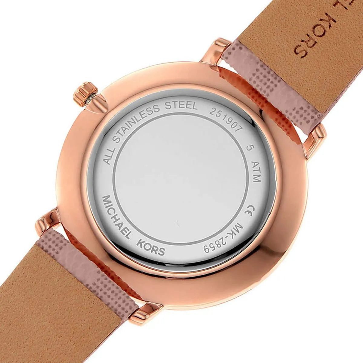 Dial detail of Michael Kors Pyper showing silver dial, rose gold hands, and hour markers
