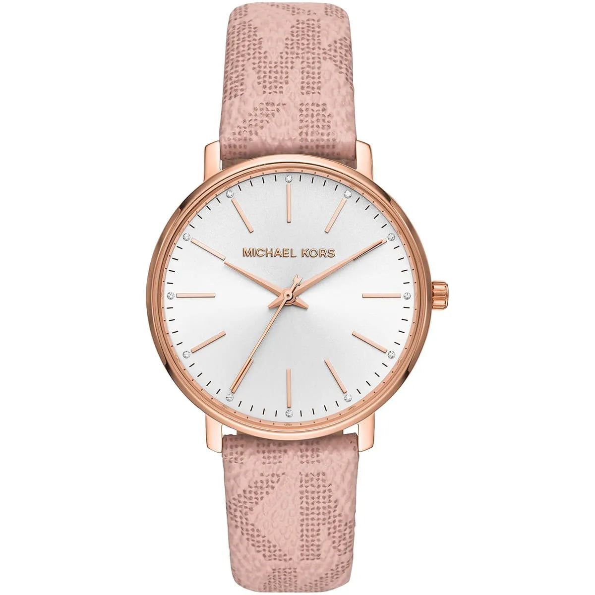 Michael Kors Pyper women's watch with silver dial, rose gold case, and pink leather strap