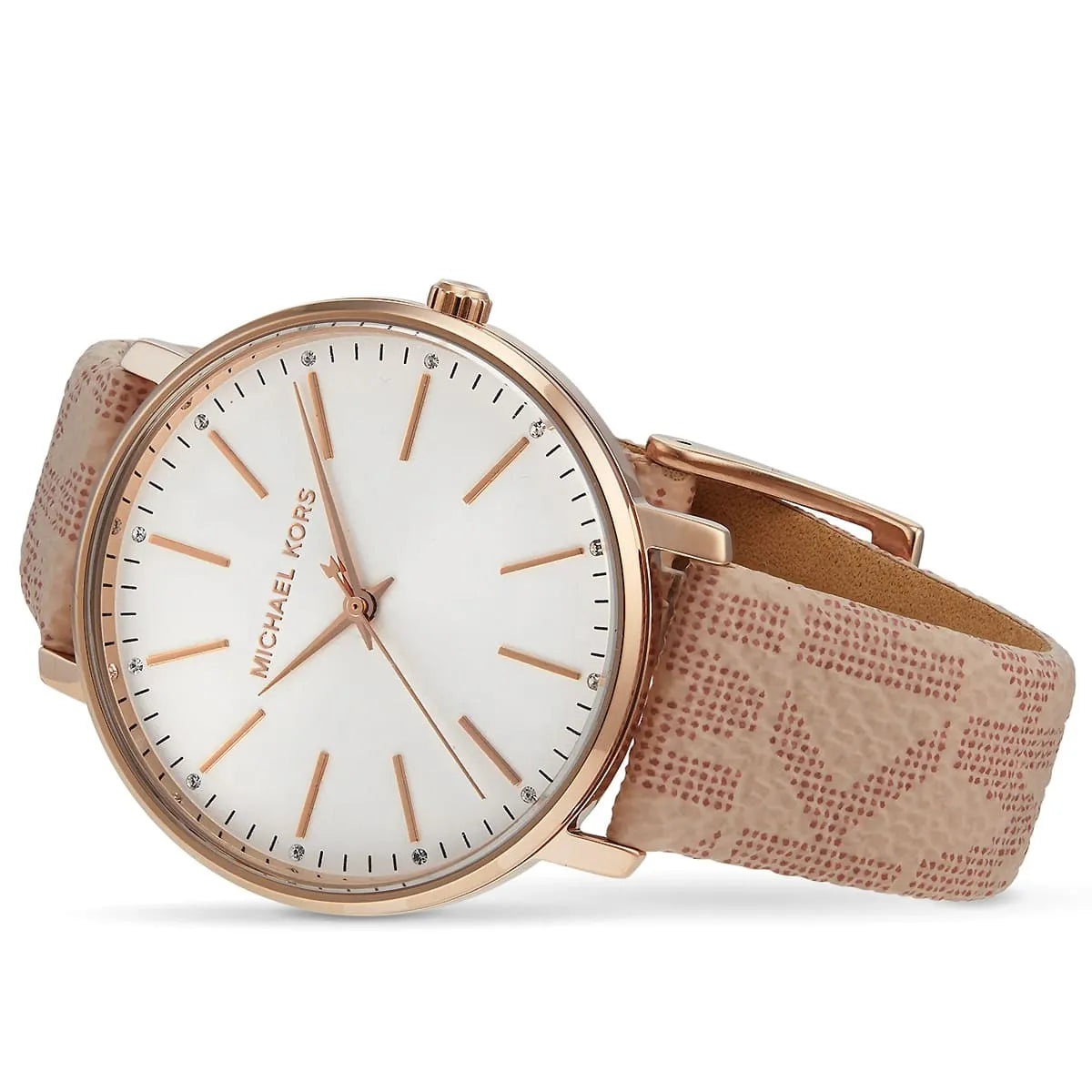 Side view of Michael Kors Pyper watch with pink leather strap and rose gold case