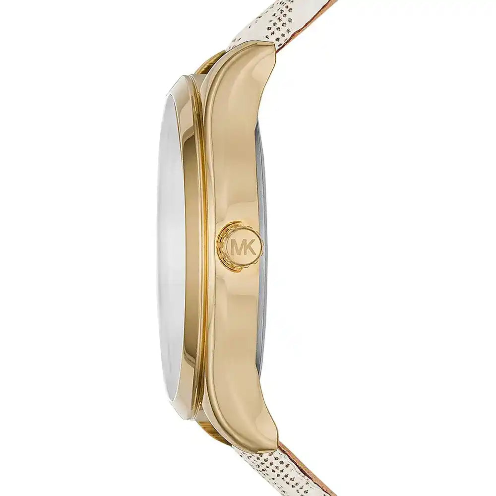 Side view of gold-tone Michael Kors Mini Jaycie watch with beige canvas strap