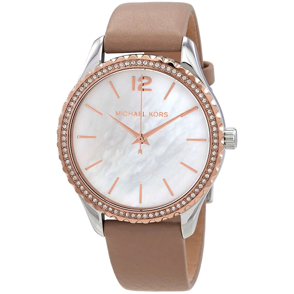 Michael Kors Layton watch at angle showing white MOP dial with rose gold accents