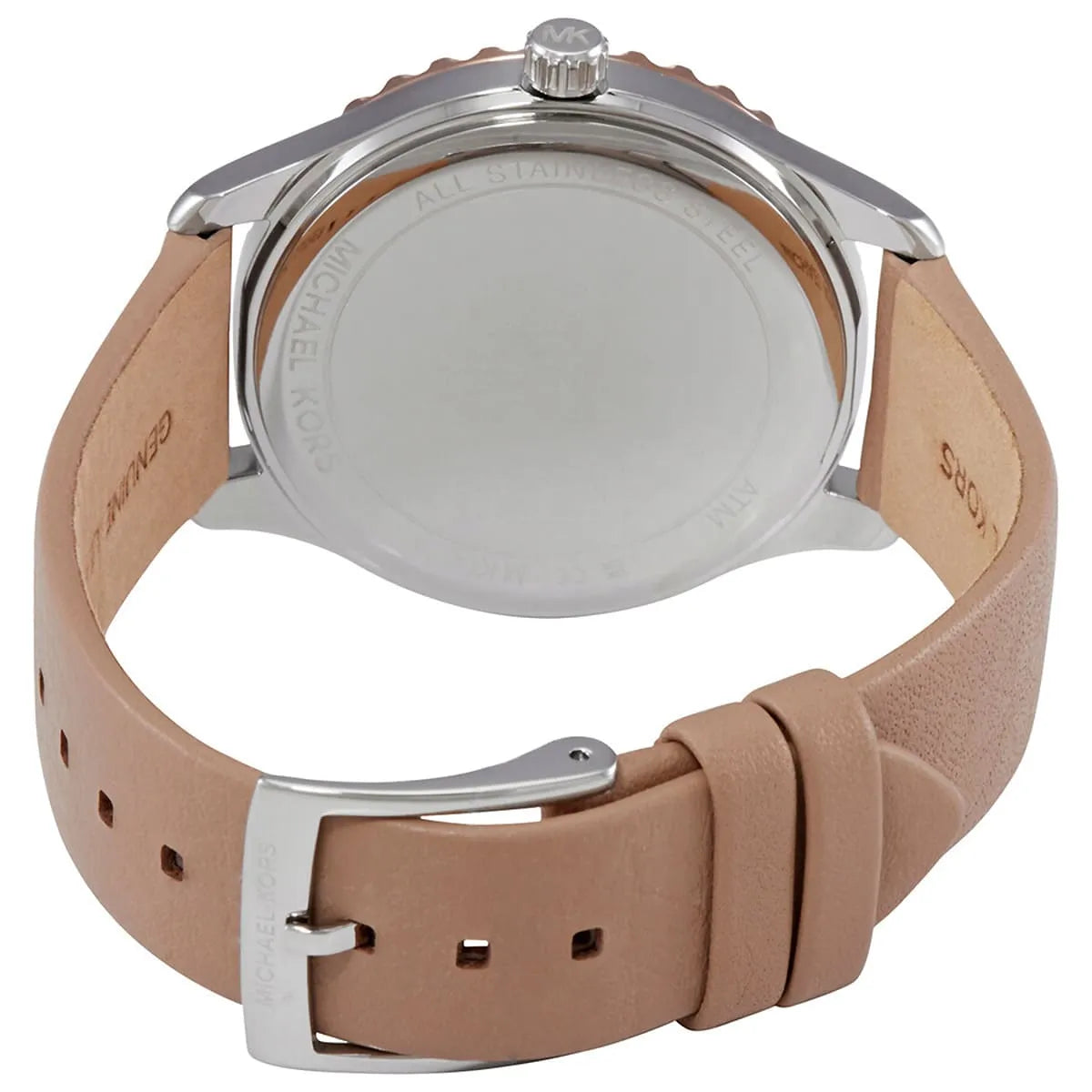 Michael Kors Layton watch caseback with beige leather strap visible