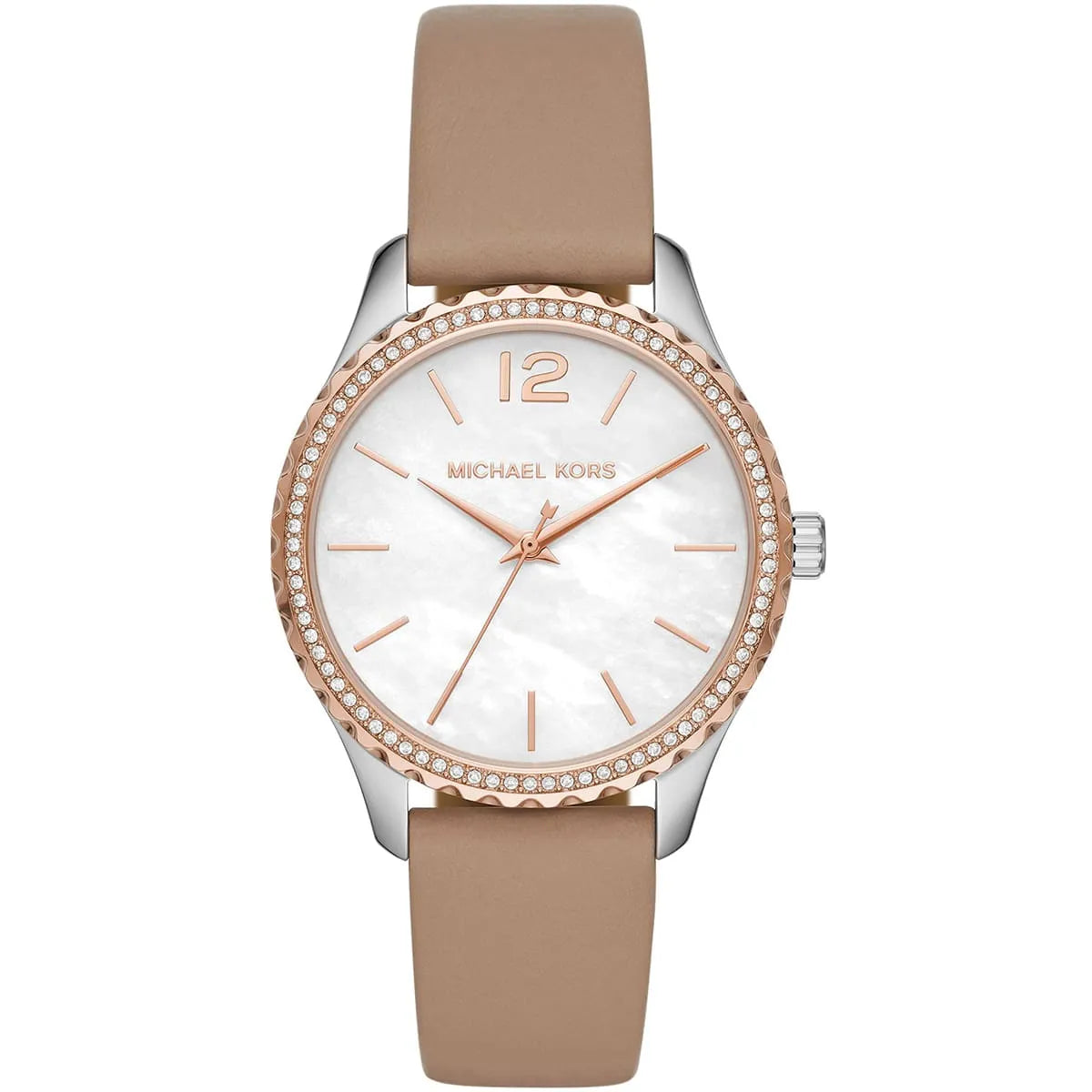 Michael Kors Layton women's watch with white mother-of-pearl dial and beige leather strap