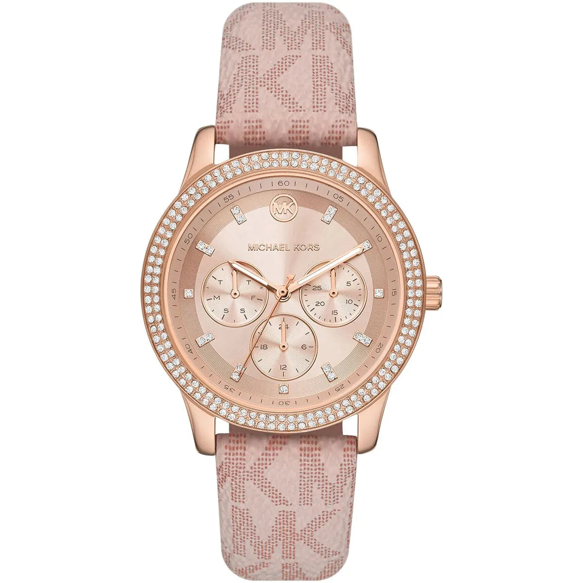 Michael Kors Tibby women's multifunction watch with rose-gold case, crystal bezel, and pink PVC strap