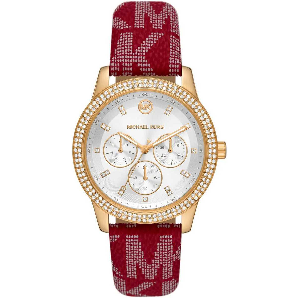 Michael Kors Tibby multifunction watch with white dial, three subdials, crystal bezel, gold case, and red MK logo strap