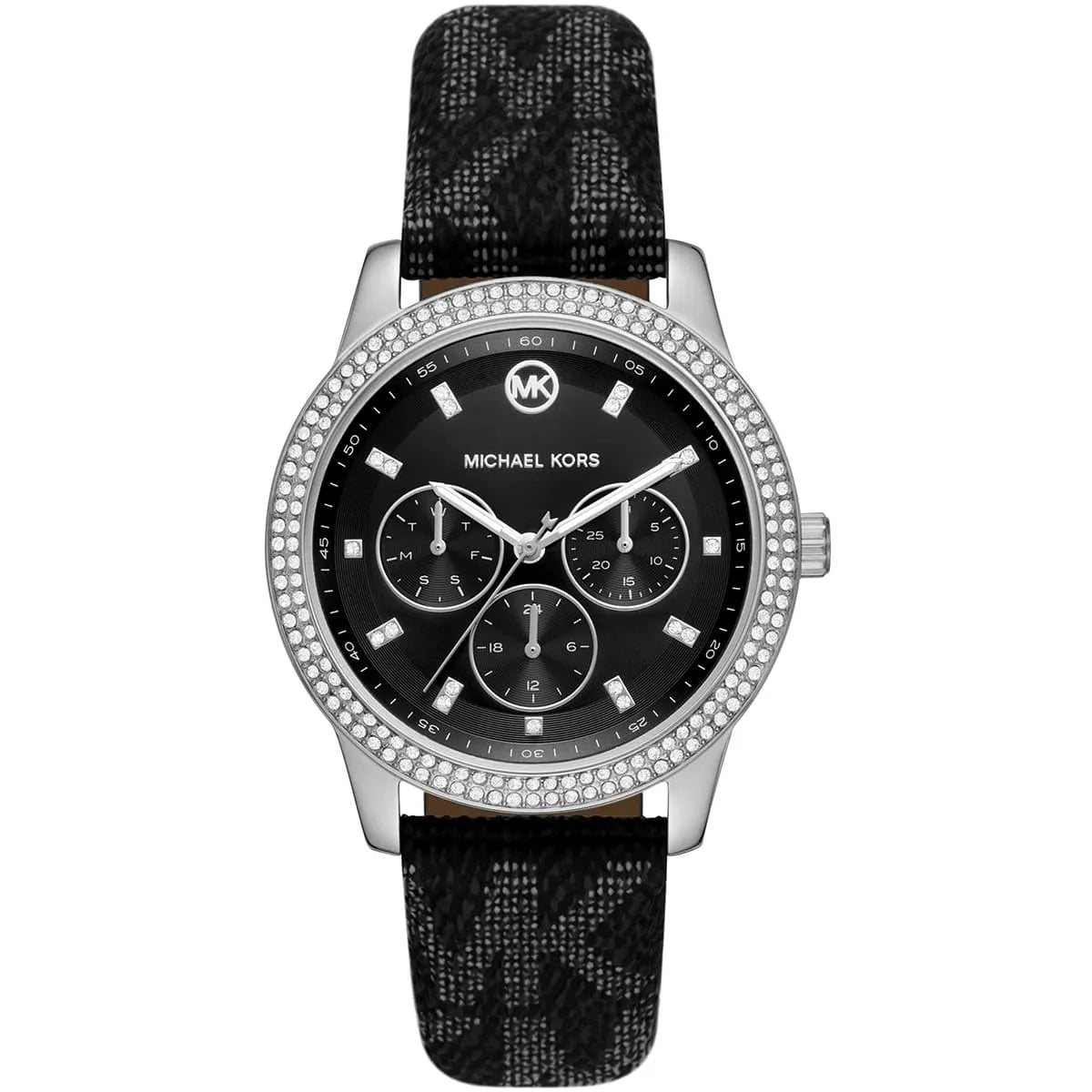 Michael Kors Tibby chronograph women's watch with black dial, silver case, crystal bezel, and black leather strap
