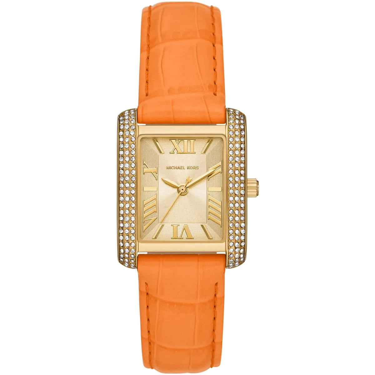 Michael Kors Emery watch with gold-tone case, crystal bezel, champagne dial with Roman numerals, and orange leather strap
