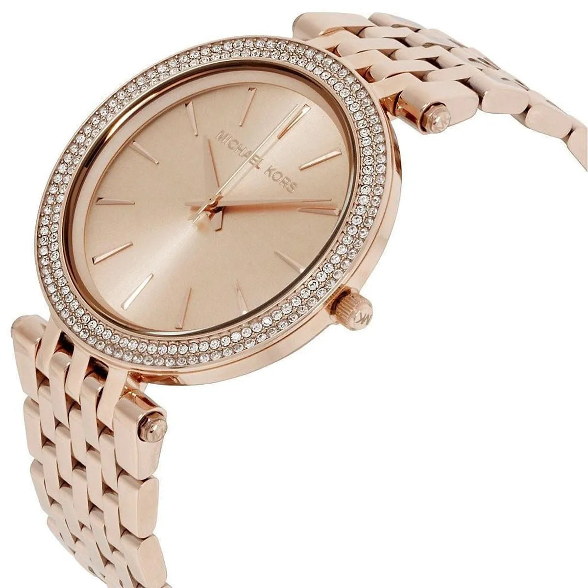 Michael Kors Darci rose gold watch angled view with metal bracelet strap
