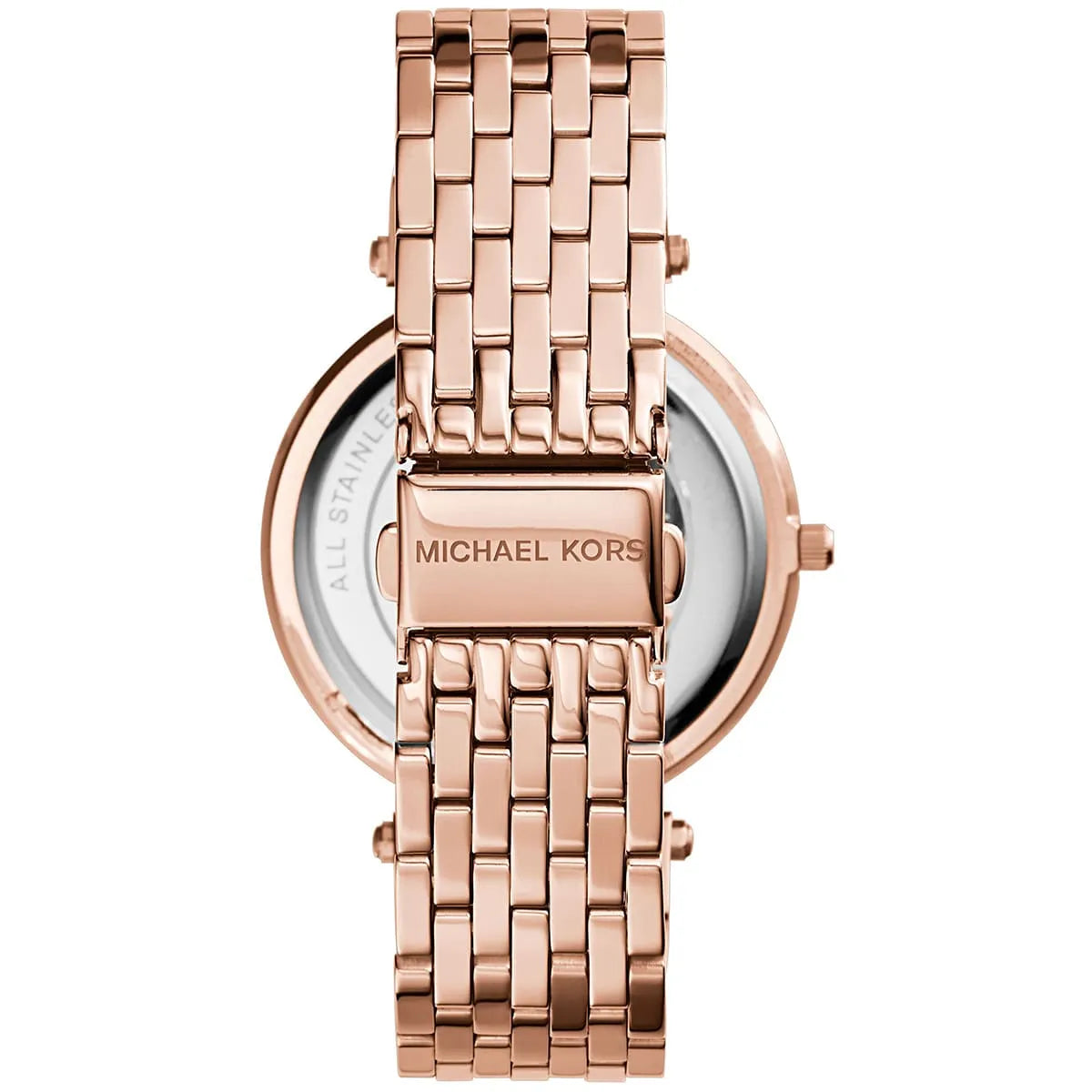 Michael Kors Darci rose gold watch caseback with metal bracelet and clasp