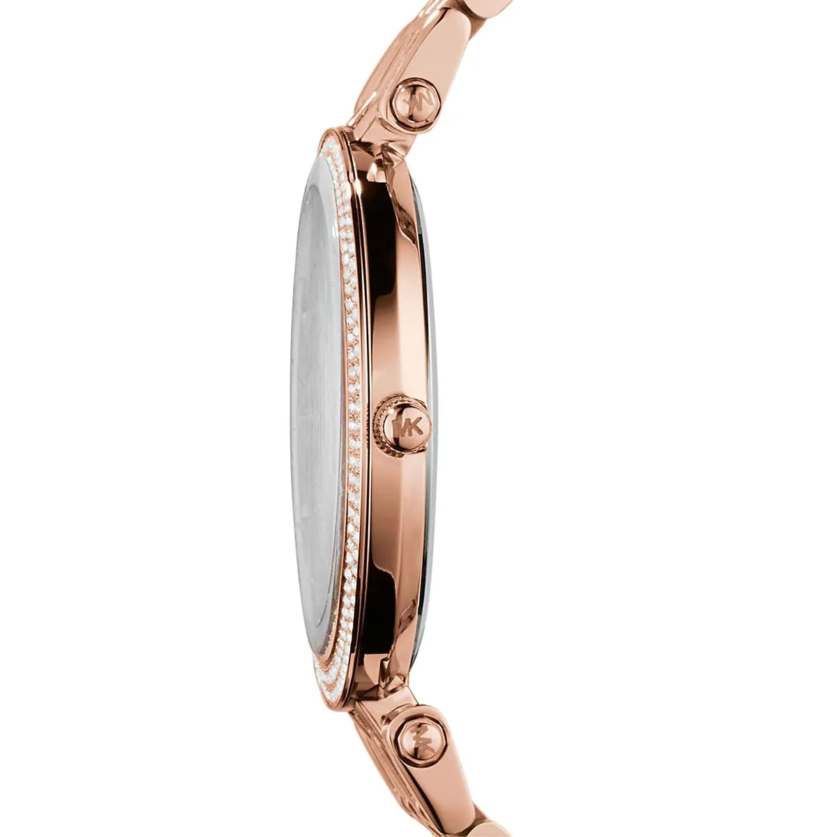 Michael Kors Darci rose gold watch side profile view showing case depth