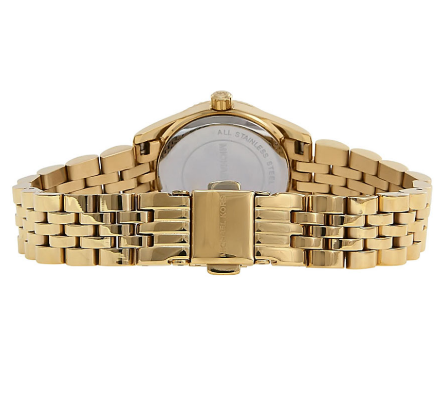 Back of Michael Kors Mini Lexington watch showing caseback and gold-tone bracelet clasp