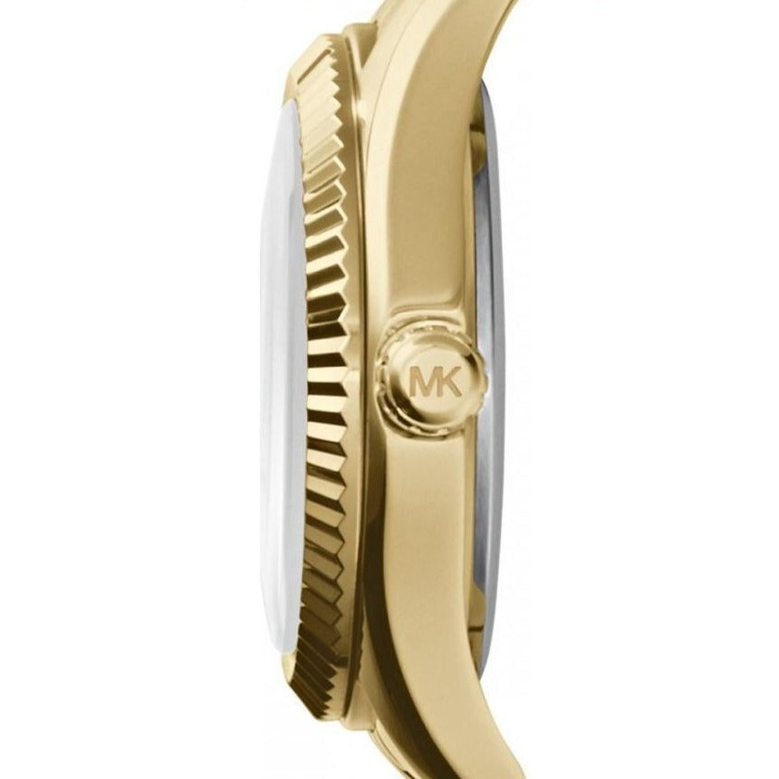 Side profile of Michael Kors MK3270 showing textured gold-tone bezel and case