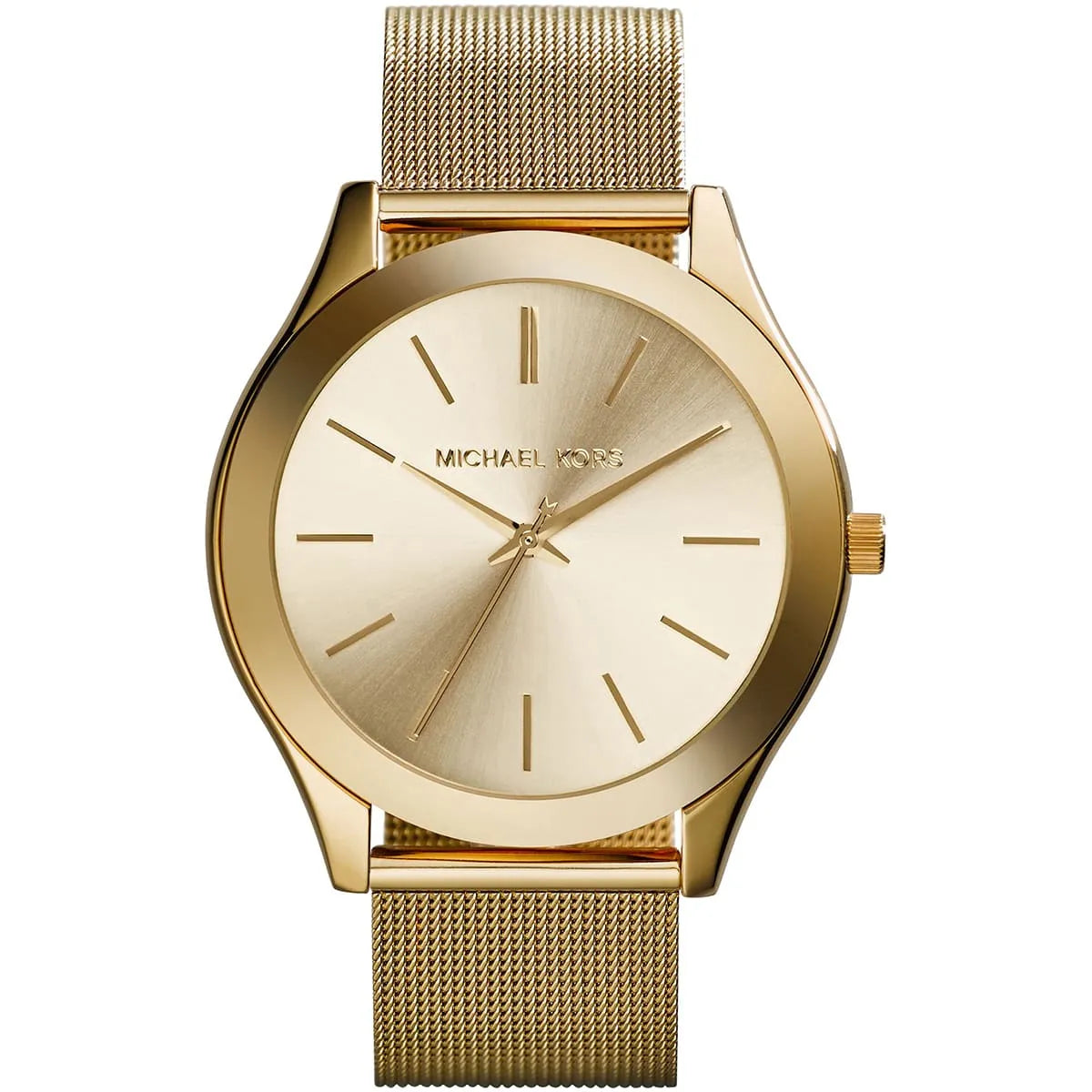 Michael Kors Slim Runway MK3282 gold dial watch with gold mesh strap, front view