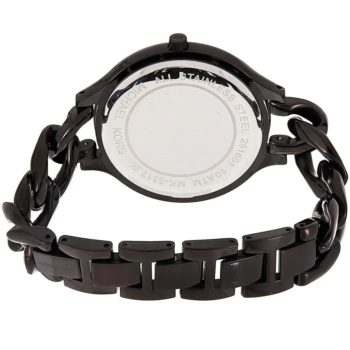Michael Kors MK3317 watch caseback showing stainless steel with engraved text