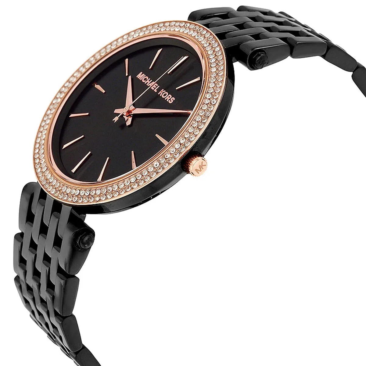Michael Kors Darci watch angled view showing crystal bezel, black dial, and rose gold accents