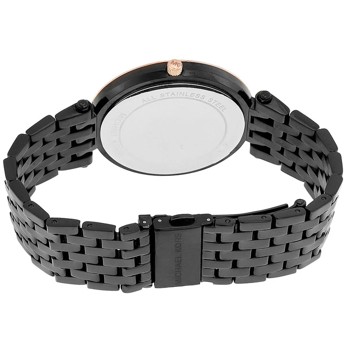 Michael Kors Darci watch caseback showing stainless steel back cover and black bracelet