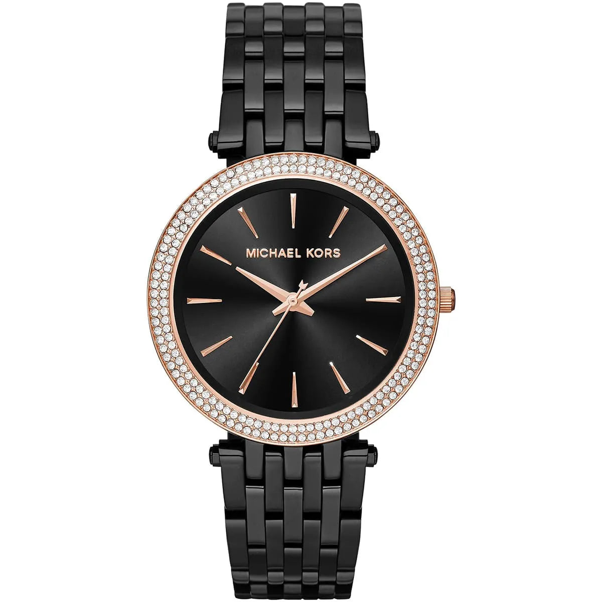 Michael Kors Darci black dial women's watch with crystal pave rose gold bezel and black metal bracelet