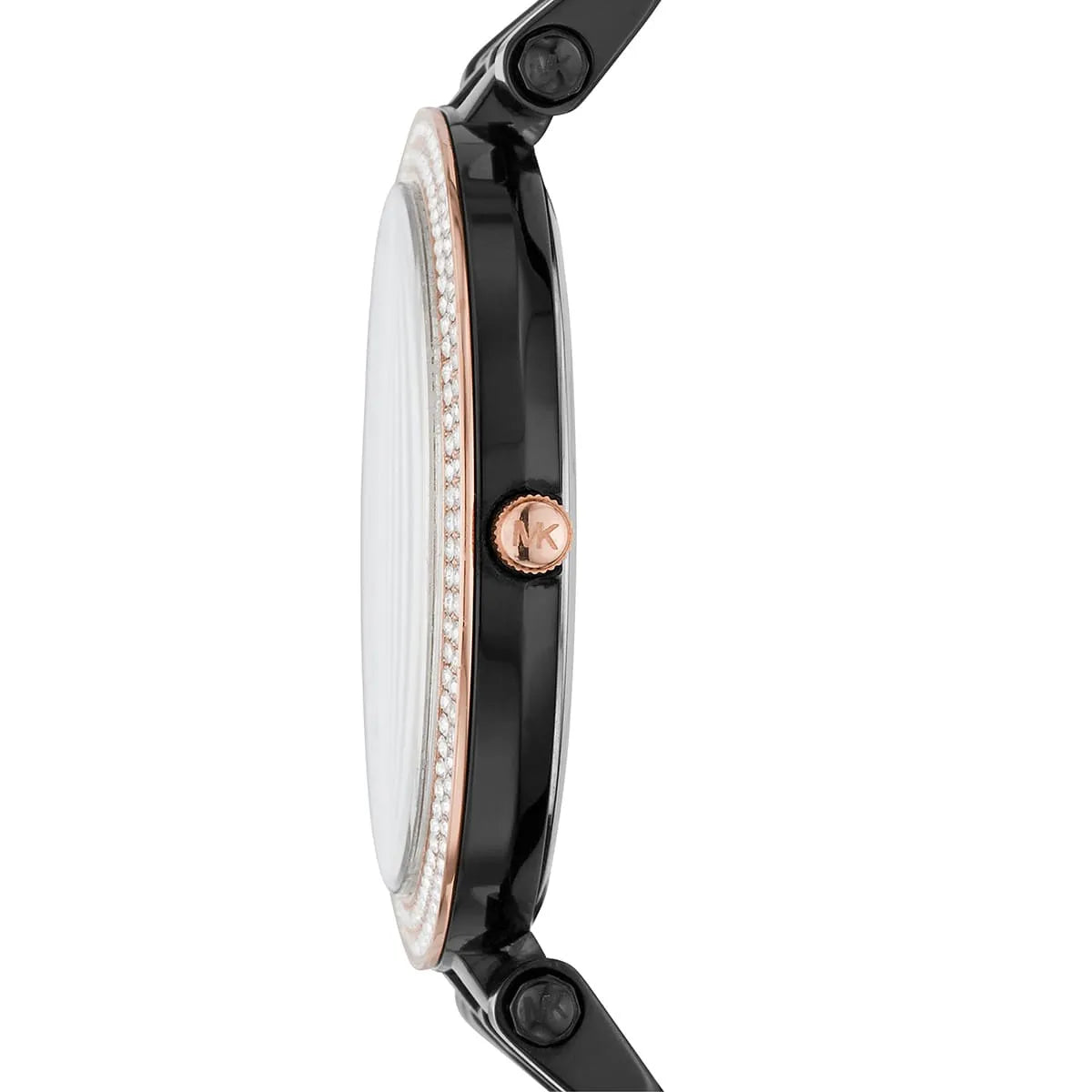 Michael Kors Darci women's watch side profile with black stainless steel case and bracelet