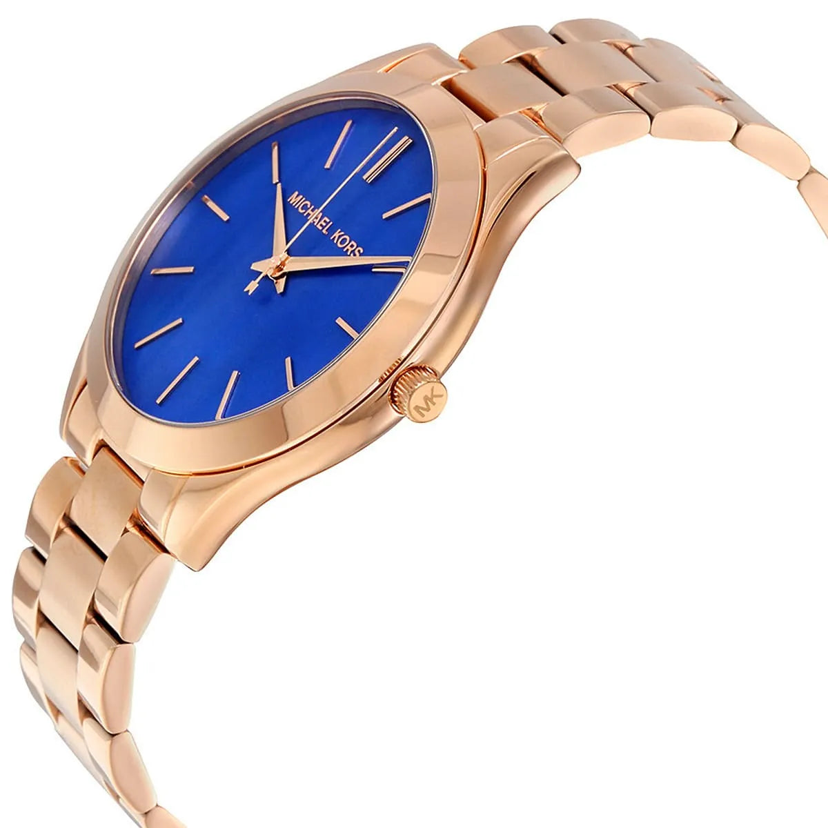 Michael Kors Slim Runway MK3494 angled side view of rose gold case and strap