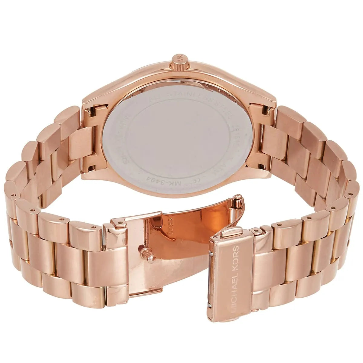 Michael Kors Slim Runway MK3494 caseback detail with fold-over clasp visible