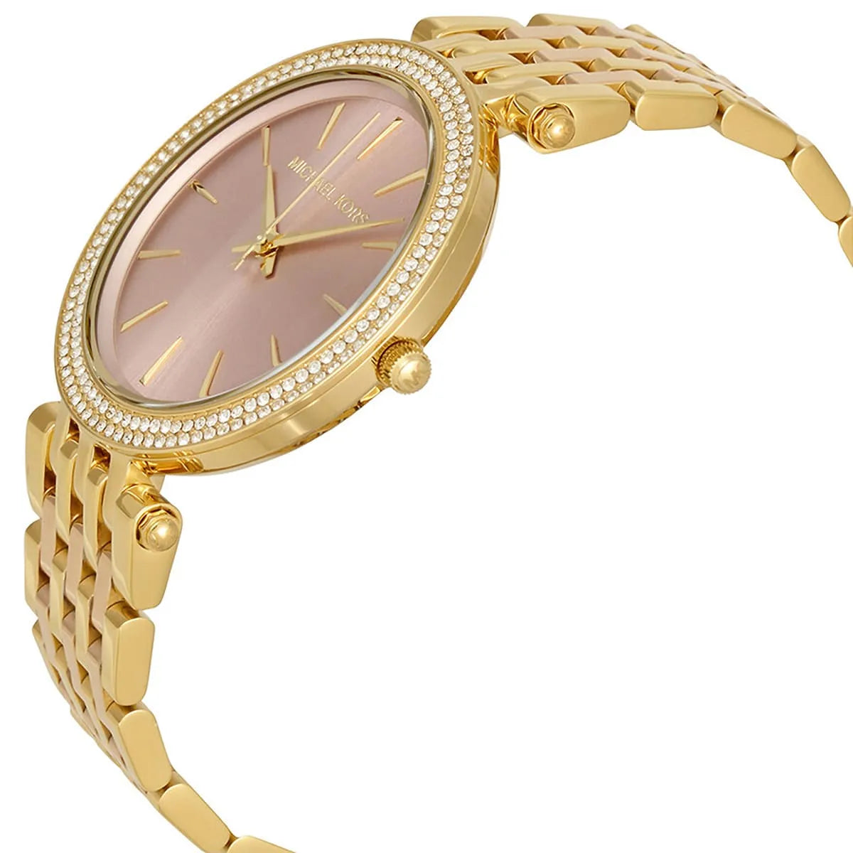 Side profile of Michael Kors Darci watch with rose gold case and bracelet strap