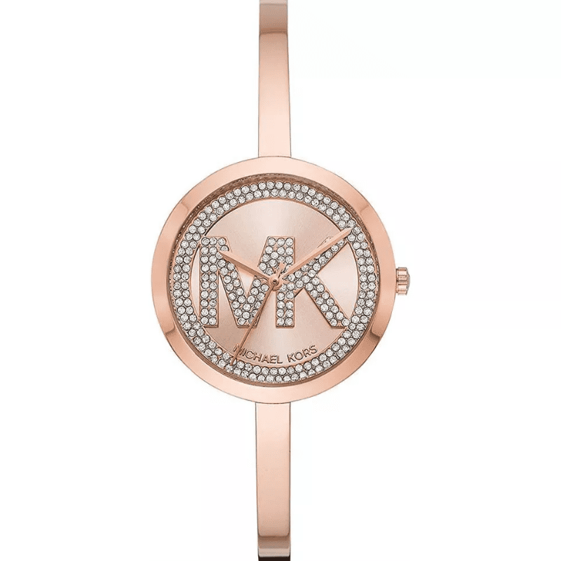 Michael Kors Blakley rose gold watch with crystal MK logo dial and matching strap