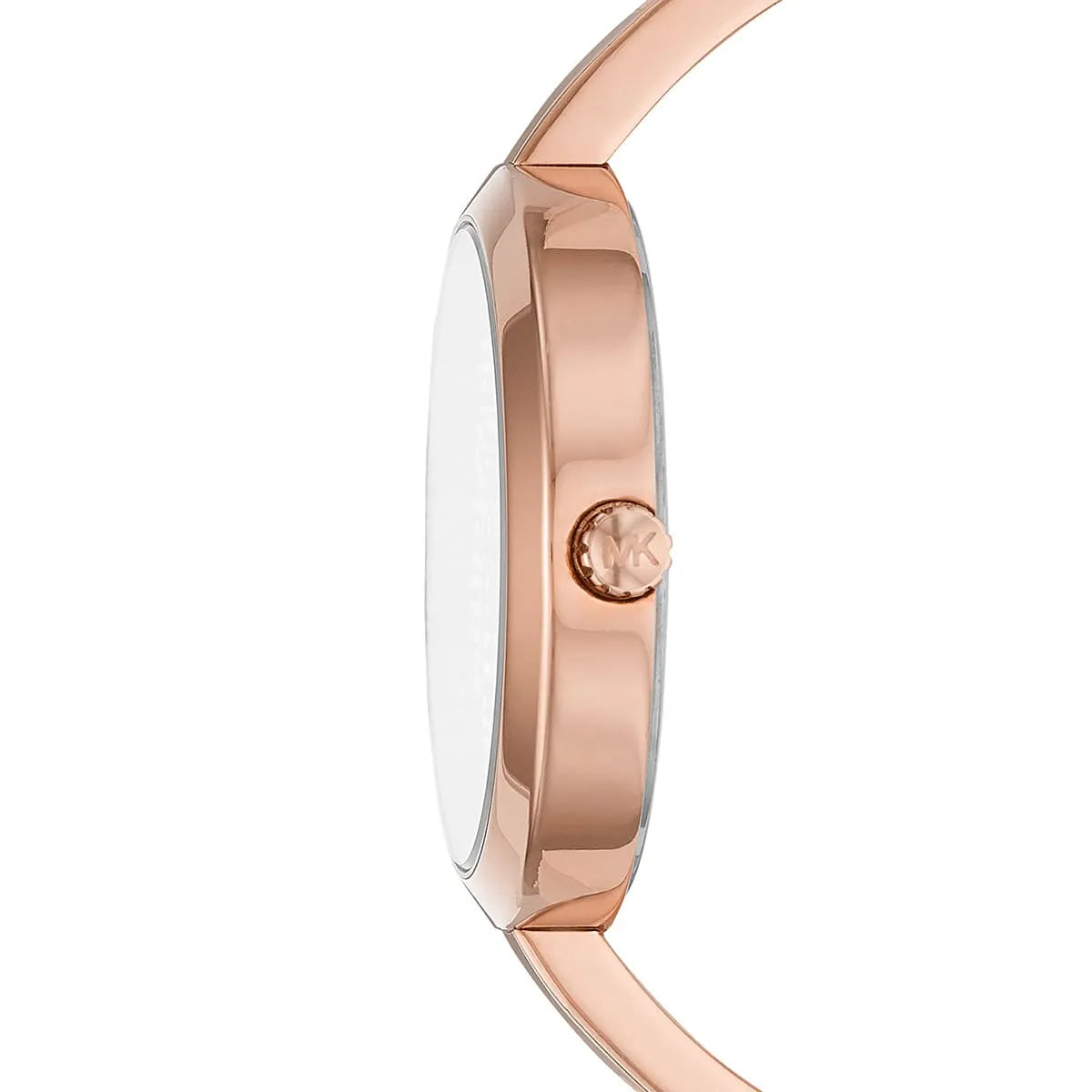 Michael Kors Blakley watch side profile showing rose gold case and bracelet design