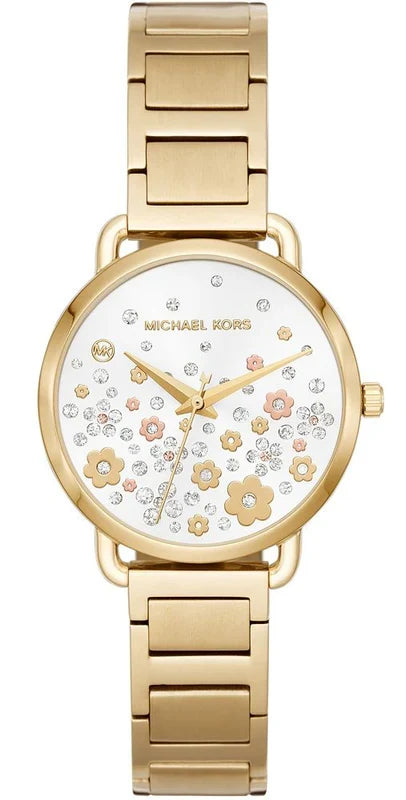 Michael Kors Portia women's quartz watch with white dial and gold steel bracelet