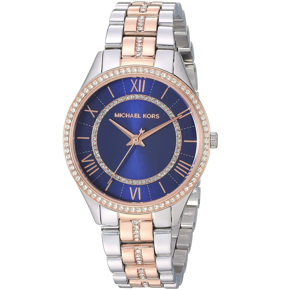 Angled view of Michael Kors Lauryn watch showing blue dial and crystal-set rose gold bezel detail