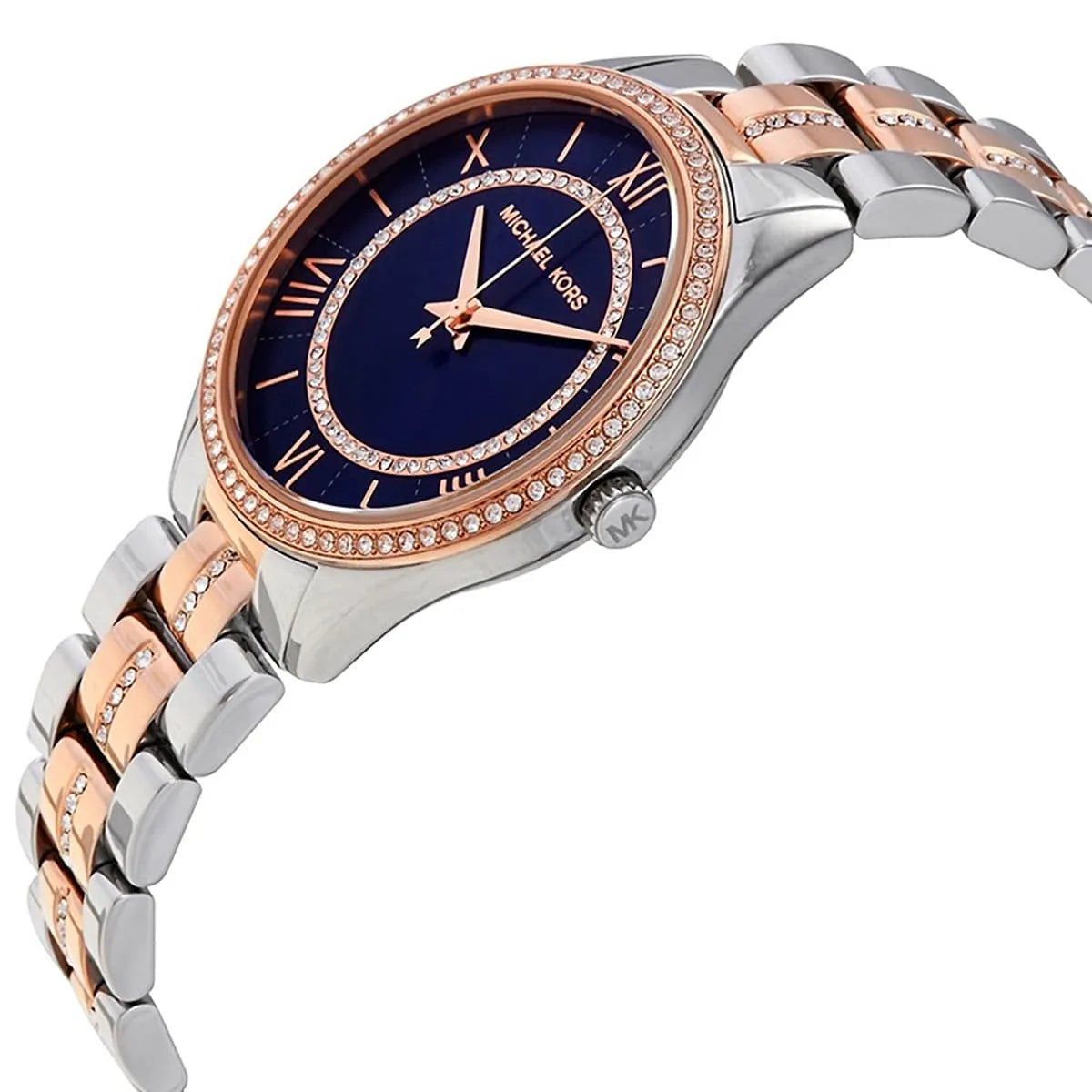 Michael Kors Lauryn watch on wrist showing two-tone strap and blue dial with rose gold bezel