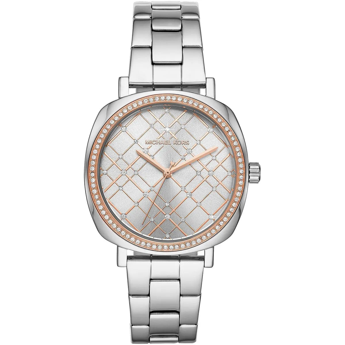 Michael Kors Nia women's watch with silver quilted dial, rose gold crystal bezel, silver steel bracelet