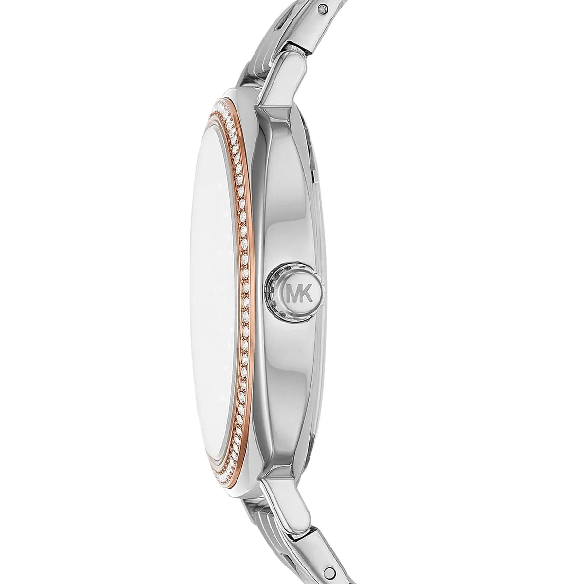 Michael Kors Nia watch side profile showing case depth and silver steel bracelet