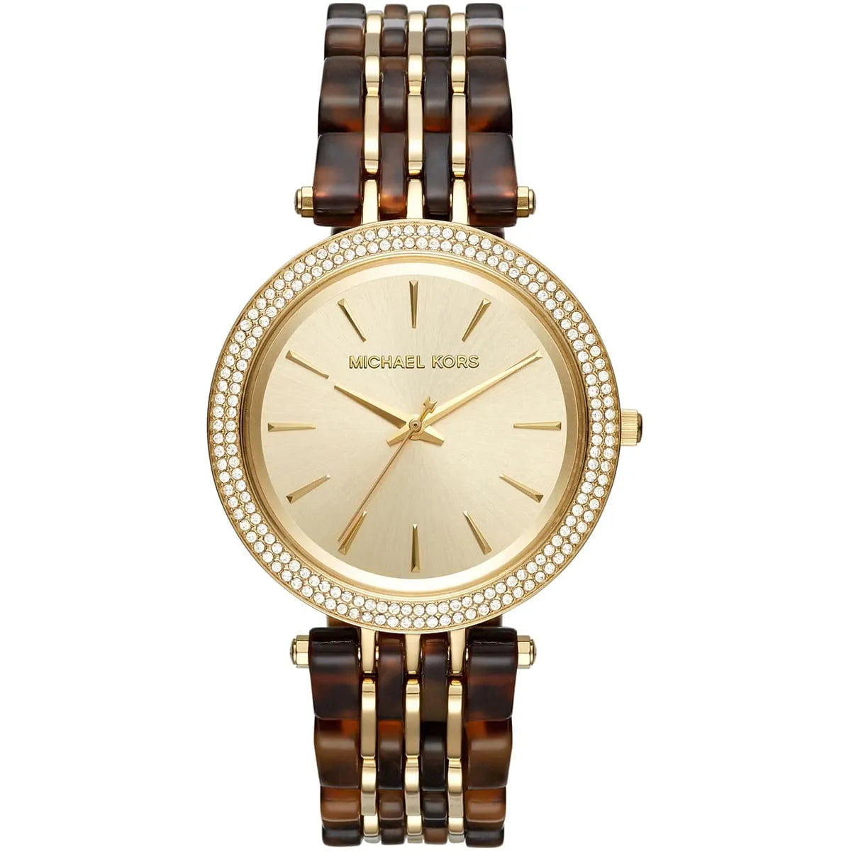 Michael Kors Darci gold dial watch with tortoise acetate strap and crystal bezel