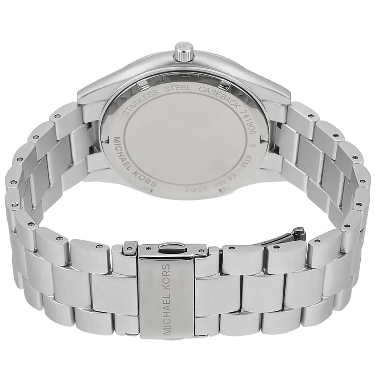 Michael Kors MK4502 watch caseback showing stainless steel construction