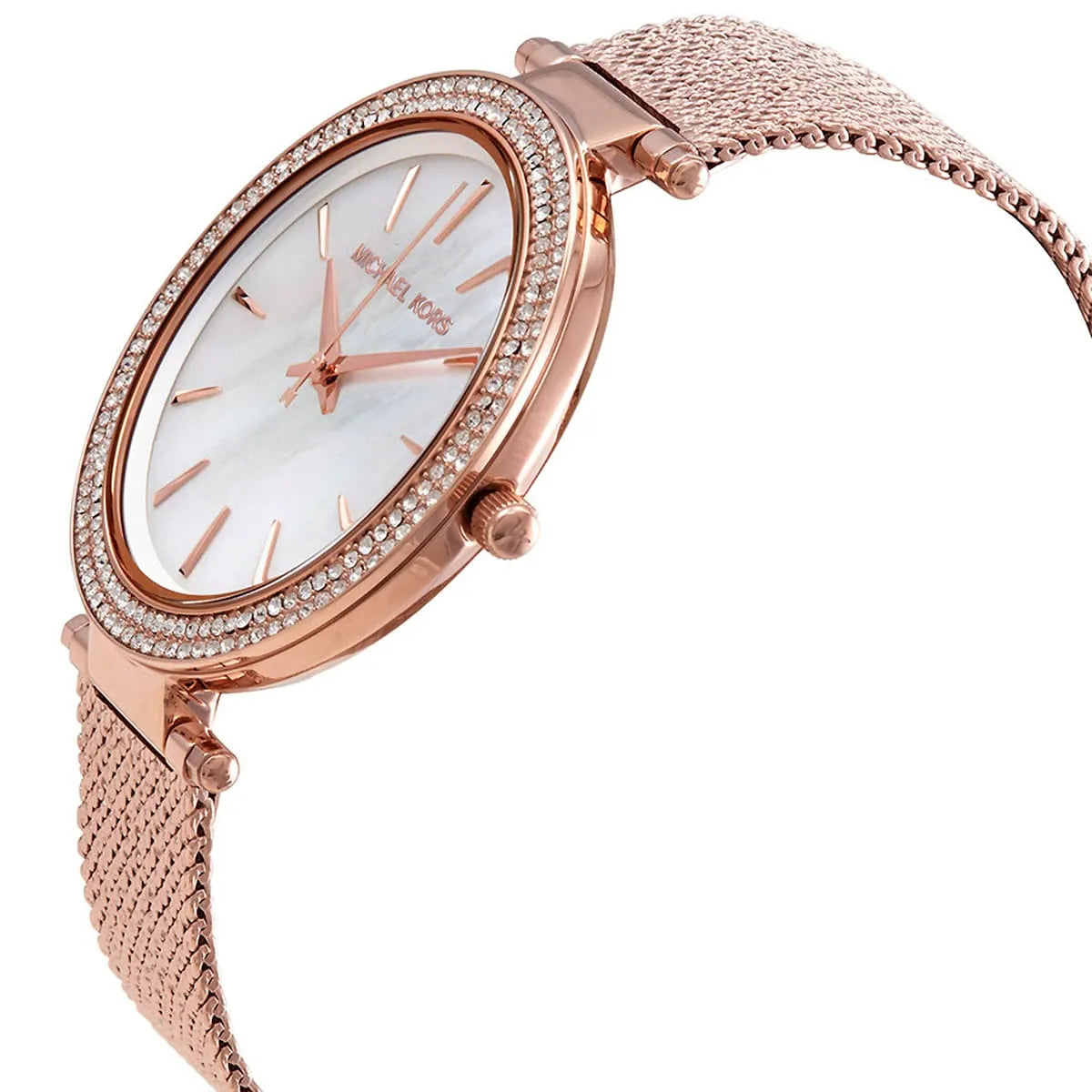 Side angle view of Michael Kors Darci watch showing crystal-accented case and mesh strap