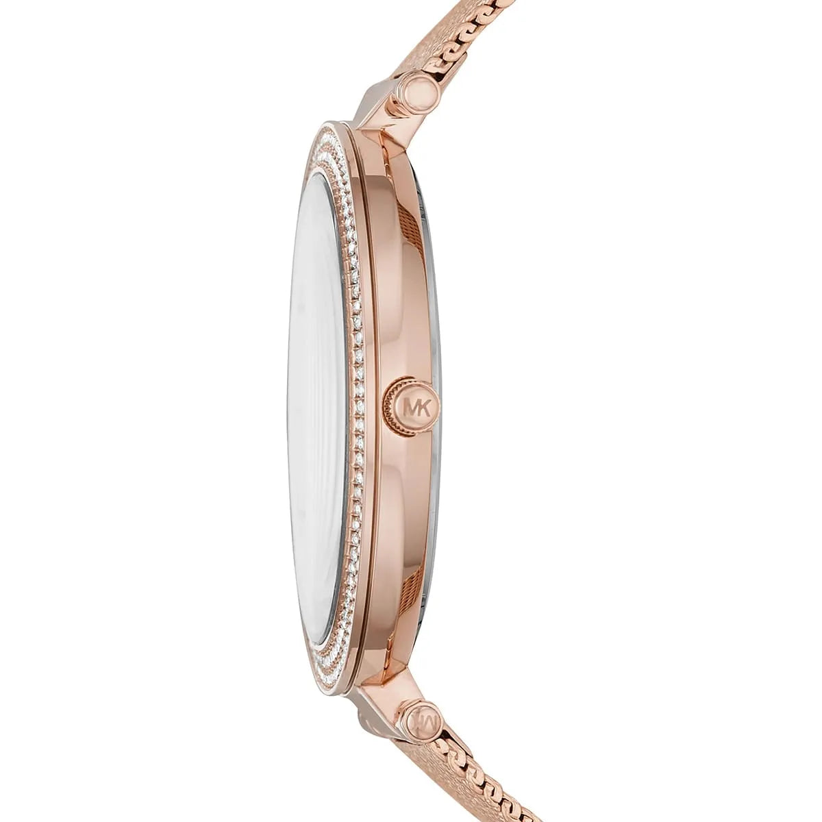 Side profile of Michael Kors Darci watch with rose-gold case and mesh band